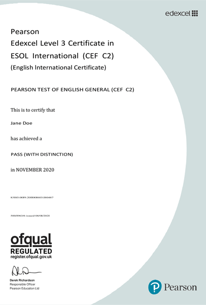 Пример сертификата Pearson GENERAL & Yang Leaners
